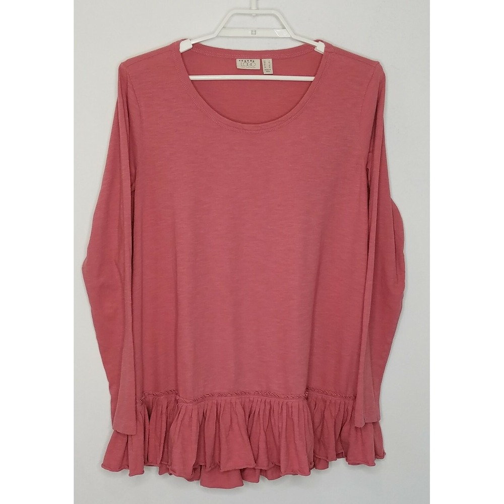 LOGO Lori Goldstein Slub‎ Knit Pleated Hem Top Large Long Sleeve Round Neck